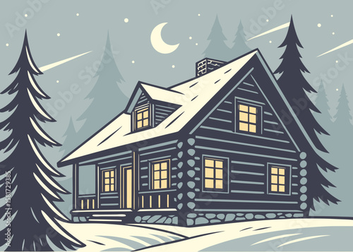 Cozy snow covered log cabin in a winter forest under a crescent moon