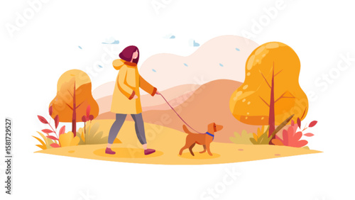 Illustration of woman walking dog in autumn park with fall foliage and trees outdoor scene vector art