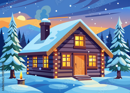 Cozy wooden cabin nestled in a snowy winter landscape at dusk