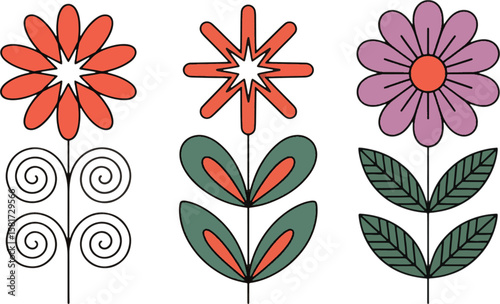 Three stylized flowers with colorful petals and green leaves floral botanical