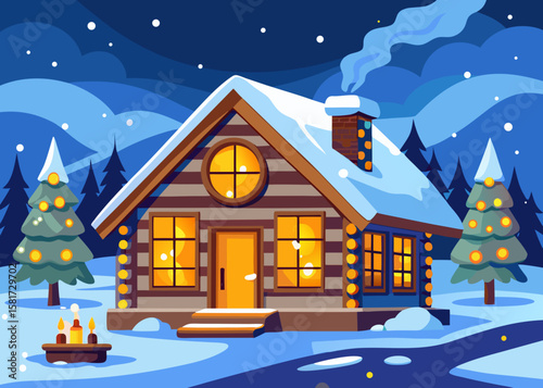 Cozy log cabin in snowy winter landscape with christmas tree and candles