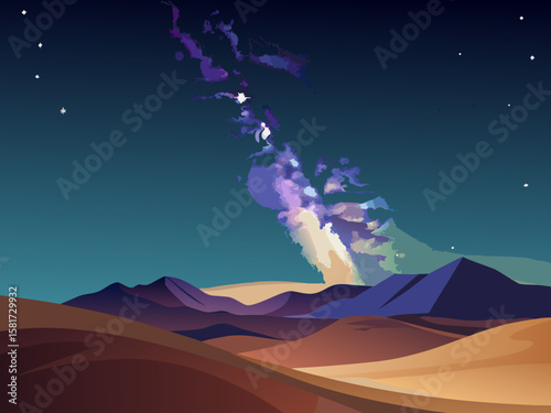 Vibrant abstract galaxy stretches across a dark desert night sky