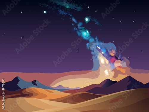 Vibrant alien nebula glows above a surreal desert landscape under a starry night sky