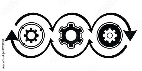 Interlocking gears with circular arrows indicating process flow vector