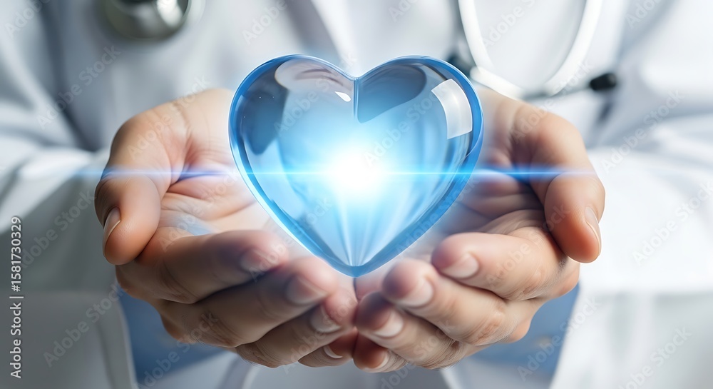 Obraz premium Doctors Hands Gently Holding a Glowing Translucent Blue Glass Heart Symbol image