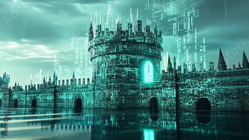 Futuristic castle surrounded by digital elements reflecting in water under a moody sky