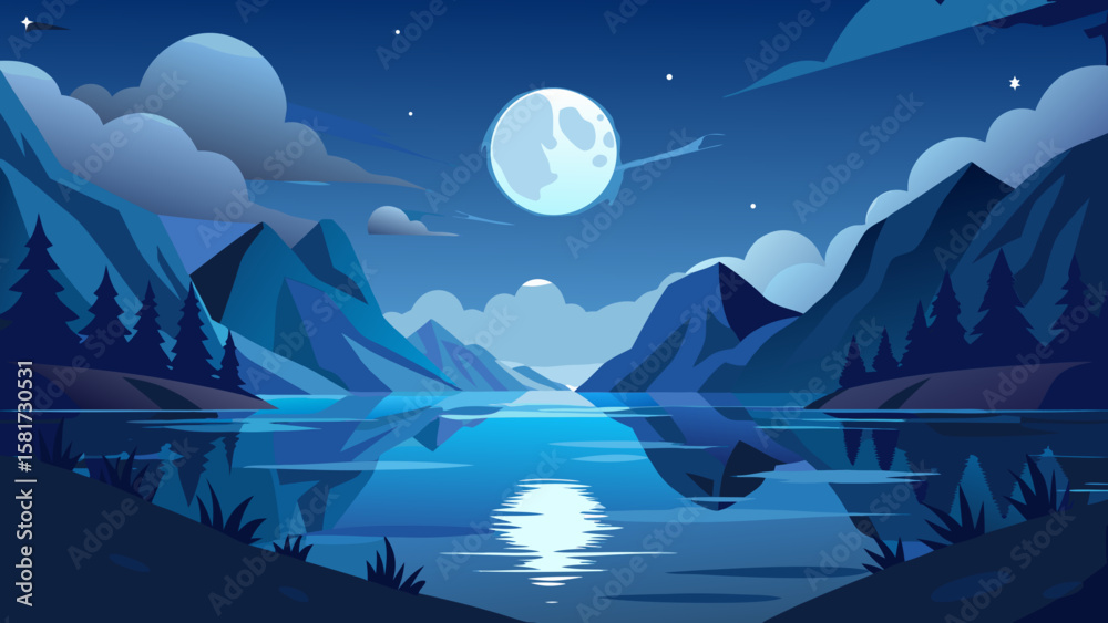 Fototapeta premium Serene mountain lake under a full moon and starry night sky