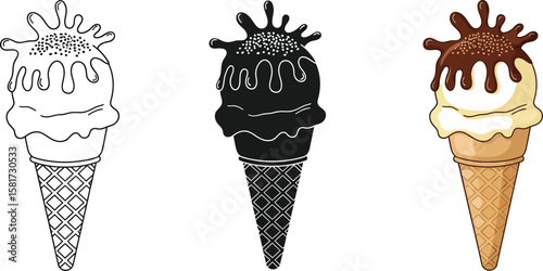 Three ice cream cones with different styles and toppings illustration