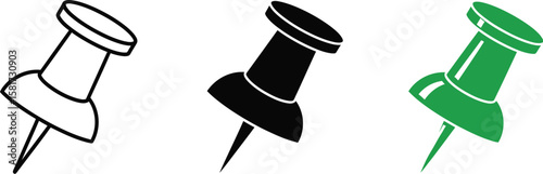 Three pushpins in different styles isolated on a white background view