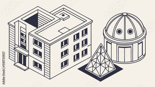 Isometric view of building architecture featuring modern house pyramid and dome structure design concept