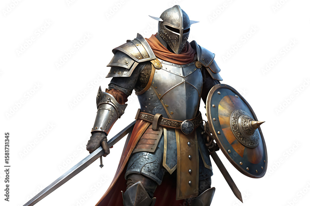 Medieval knight in full plate armor holding sword and shield with ornate details isolated on a transparent background Medieval knight in full plate armor holding sword and shield with ornate details isolated on a transparent background