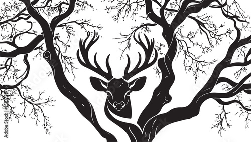 Deer Head Silhouette Integrated into Tree Branch Design Artwork
