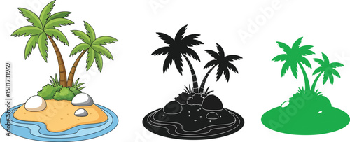 Three cartoon tropical islands with palm trees and rocks vector illustration