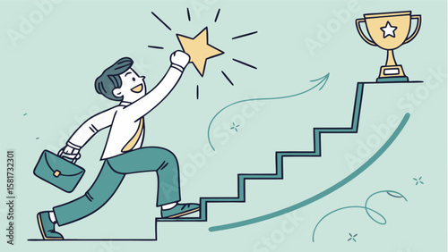 Man climbing stairs to success reaching for star and trophy achievement career growth concept vector