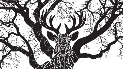 Deer Head Silhouette Integrated with Tree Branch Design Illustration