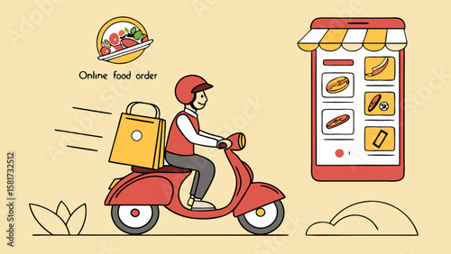 Online food delivery service with scooter courier and mobile app for fast food ordering and restaurant meals