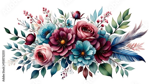 Pink roses teal flowers burgundy blooms blue feathers greenery floral arrangement