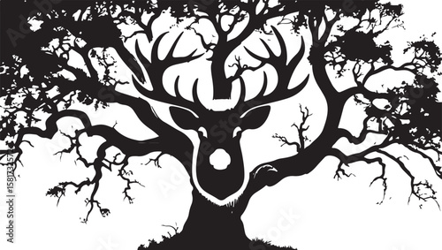Deer Head Silhouette Integrated with Tree Branch Design for Wildlife Concept
