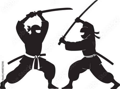 Black silhouette of two ninjas fighting with swords martial arts