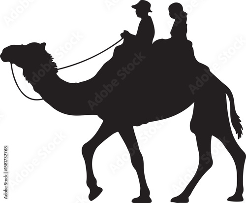 Black silhouette of two people riding a camel desert