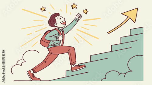 Man climbing stairs to success concept illustration for motivation and career growth with arrow and stars