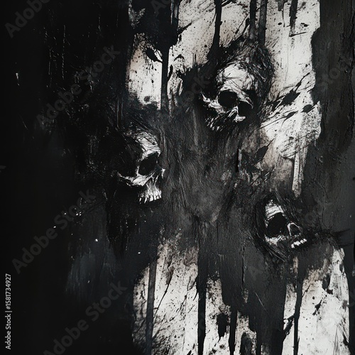 Dark and detailed artwork featuring multiple skulls.