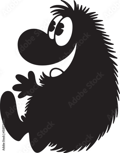 Happy fuzzy creature waving friendly greeting black white