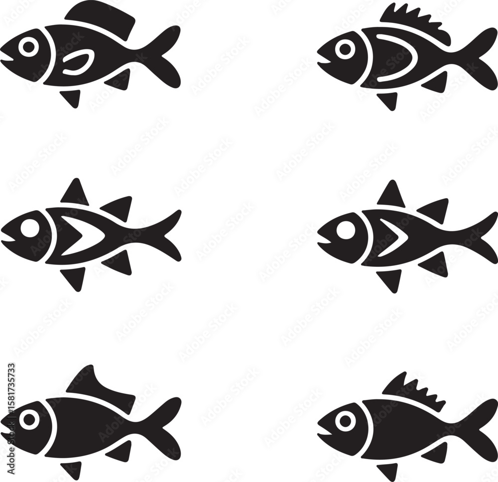 Naklejka premium Six black fish silhouettes with varied fins and tails aquatic marine