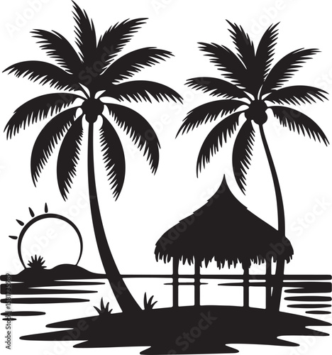 Tropical island paradise with palm trees and hut beach ocean