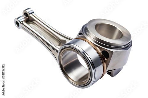 Polished metallic engine piston and connecting rod assembly with bearing isolated on a transparent background