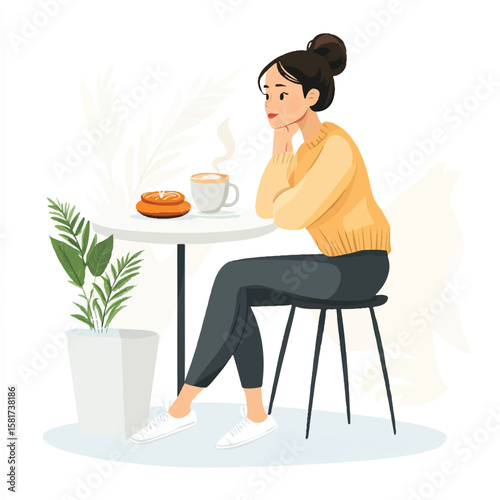 a girlsitting at cafe with pastry and latte