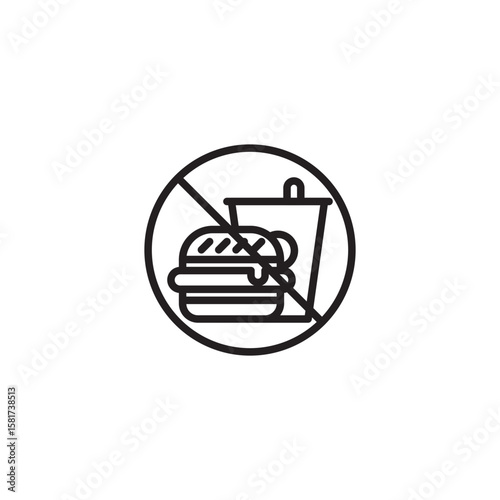 A no-food-or-drink icon featuring a crossed-out burger and soda cup, signifying a prohibited area for consumption.