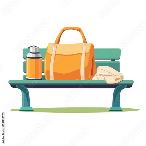 a gym bag towel and protein shaker on bench