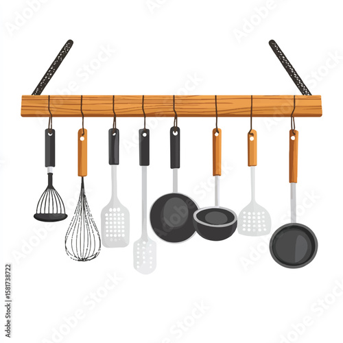 a hanging pot rack with kitchen utensils