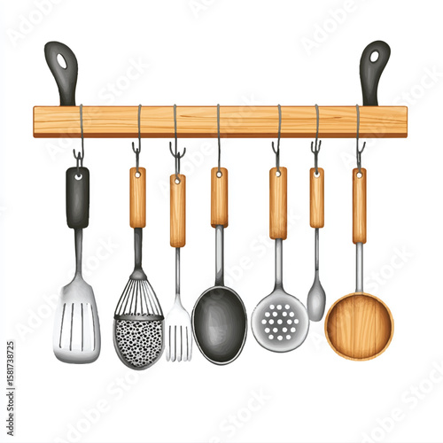 a hanging pot rack with kitchen utensils