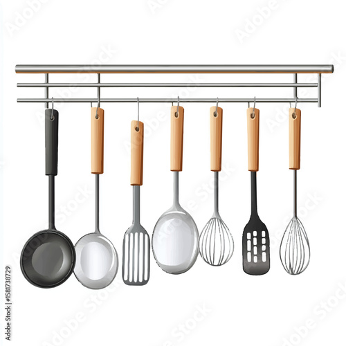 a hanging pot rack with kitchen utensils