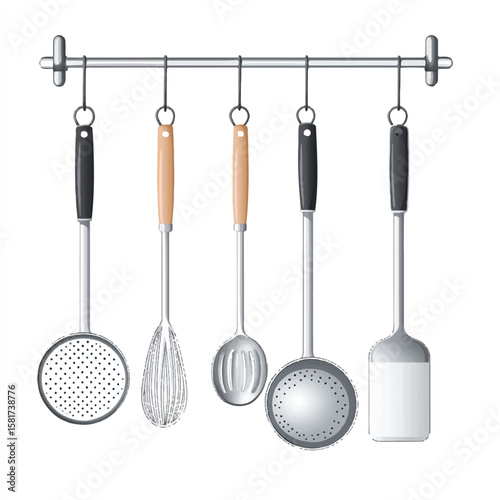 a hanging pot rack with kitchen utensils