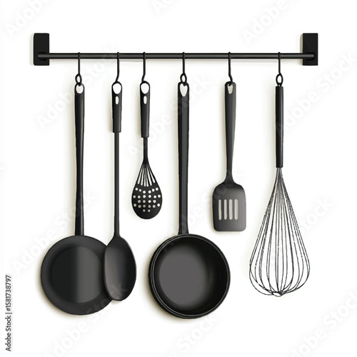 a hanging pot rack with kitchen utensils