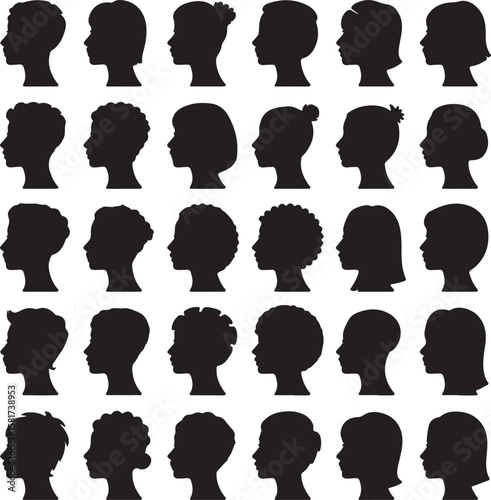 Diverse human head profiles black on white background silhouette heads