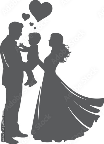 Family silhouette with hearts love parents