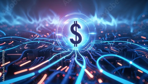 Digital dollar sign glows brightly, connected to an intricate electronic circuit board.