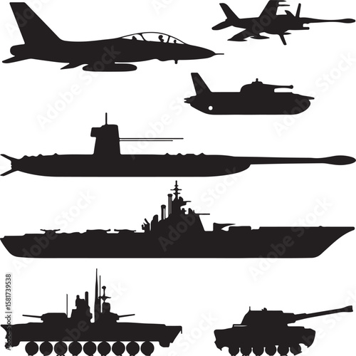 Fighter jet submarine battleship tank military vehicles silhouette vector