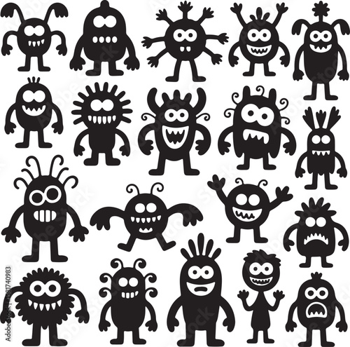 Various black cartoon monsters with big eyes and mouths white illustration