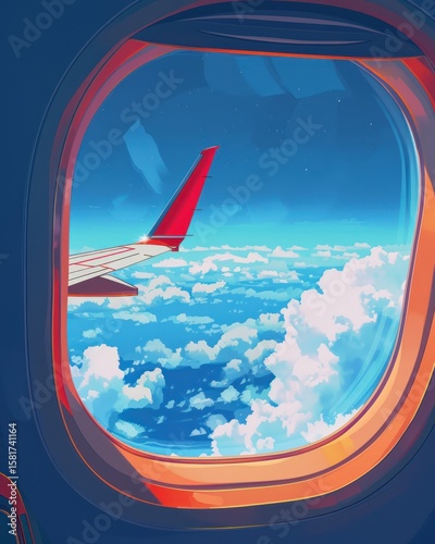 View from an airplane window, a vibrant sky filled with clouds.