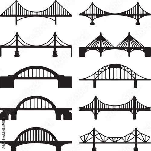 Various suspension arch and truss bridge silhouettes suspension bridge arch bridge