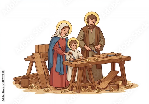 Holy family working together in a carpentry shop illustration.