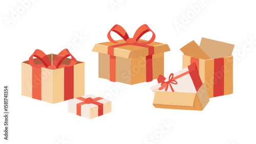 Illustration of gift boxes with red ribbons for christmas birthday and special occasions present giving concept