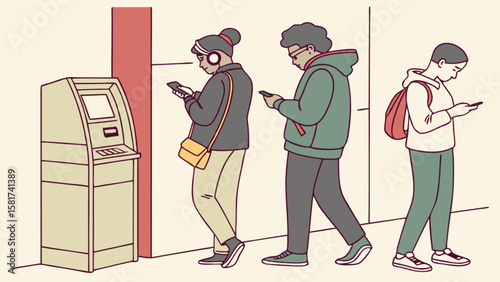 People waiting in line at atm using smartphones and wearing headphones for banking and financial services