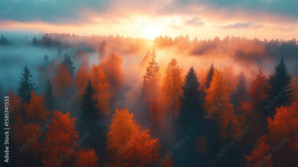 Fototapeta premium Ethereal Misty Forest with Fall Foliage and Fog at Sunrise