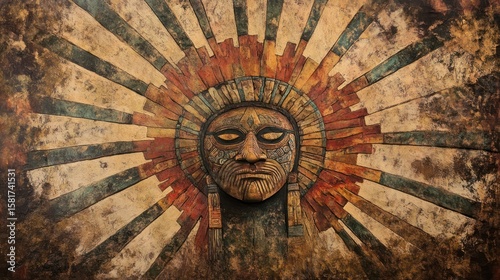 Detailed depiction of a weathered, intricately designed tribal mask.